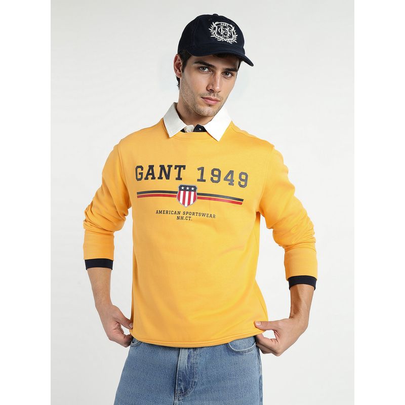 GANT Men Mustard Logo Crew Neck Sweatshirt (S)