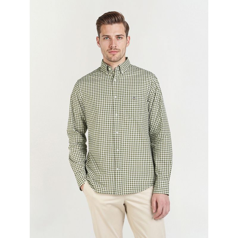 GANT Men Olive Poplin Gingham Shirt (S)