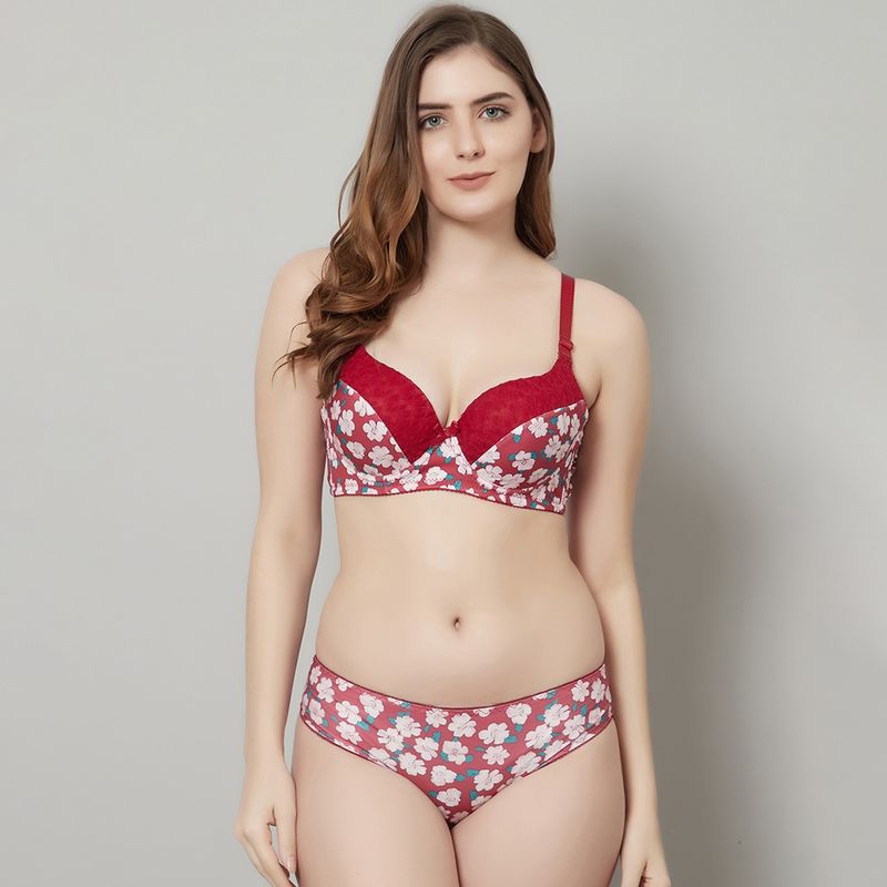 Prettycat Beautiful Floral Print Lightly Padded T-Shirt Bra Panty Set - Red (34B)