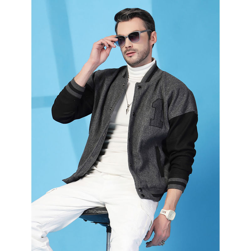 CHKOKKO Mens Oversized Winter Wear Varsity Jacket with Ribbed Cuffs Grey (2XL)