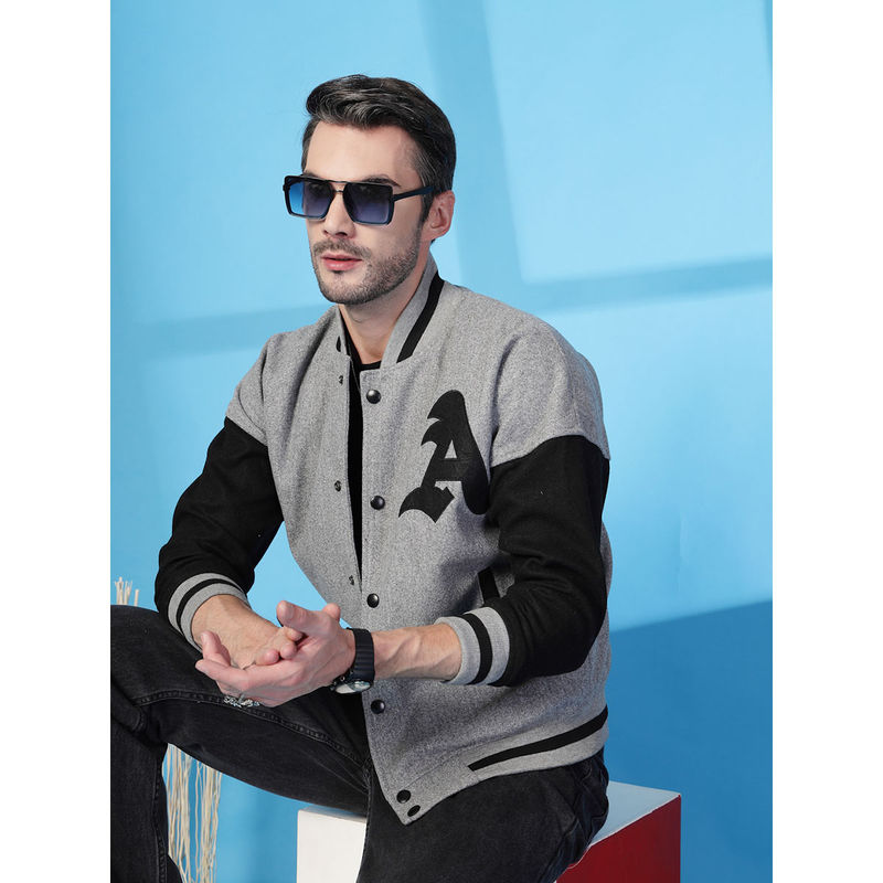 CHKOKKO Mens Oversized Winter Wear Varsity Jacket with Ribbed Cuffs Grey (2XL)