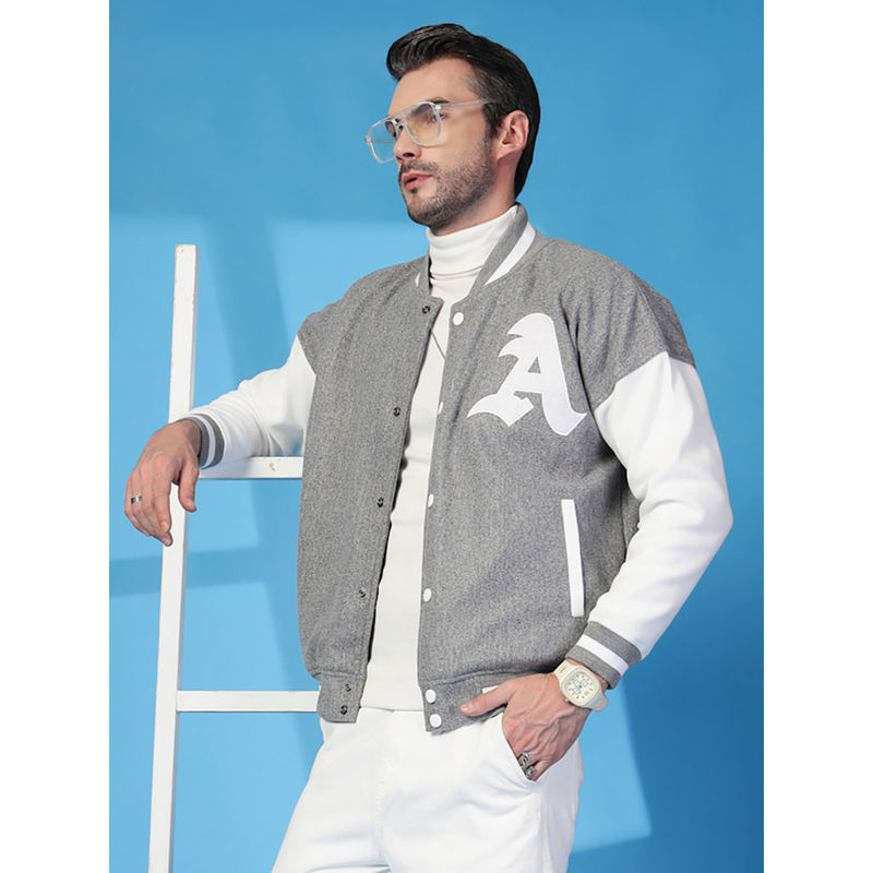 CHKOKKO Mens Oversized Winter Wear Varsity Jacket with Ribbed Cuffs Grey (2XL)