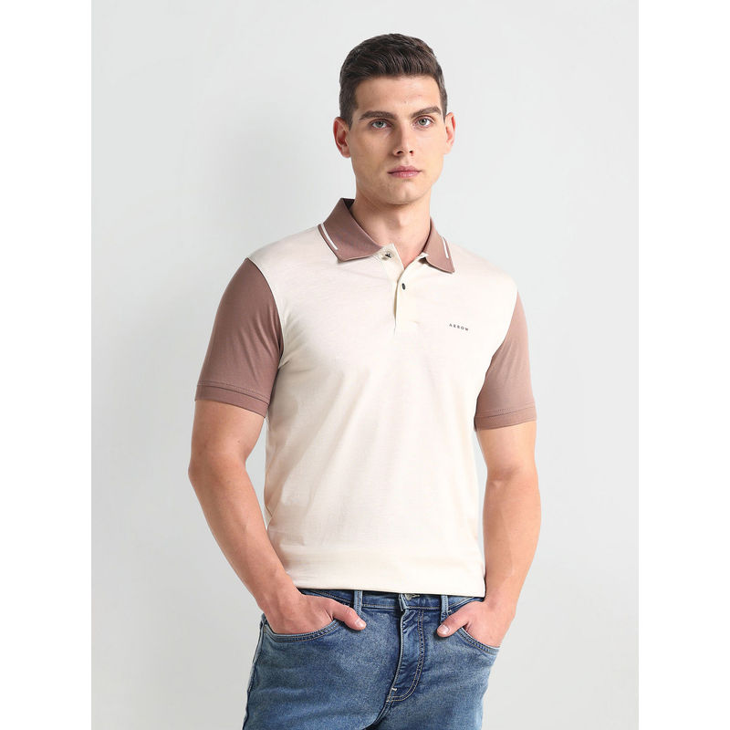 Arrow Newyork Beige Block Cotton Polo T-Shirt (L)