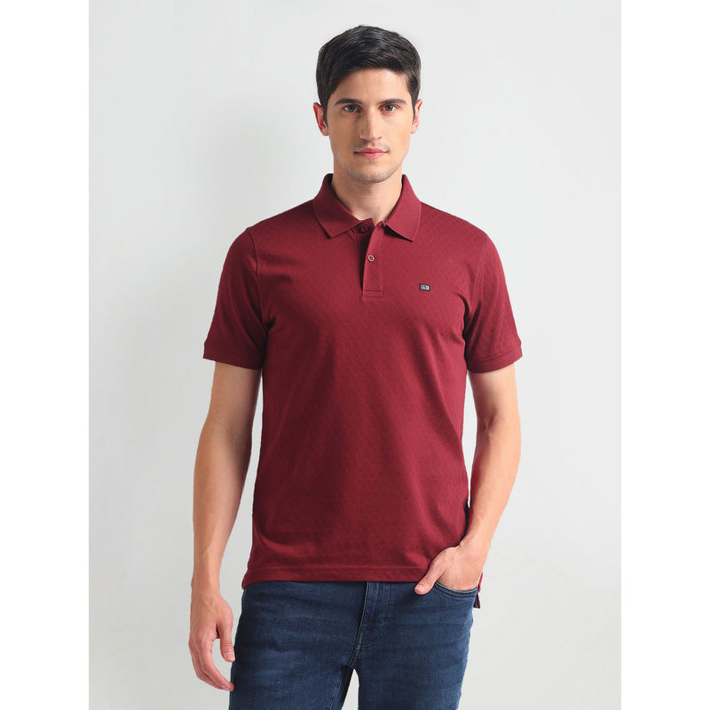 Arrow Sports Red Patterned Knit Cotton Polo T-Shirt (L)