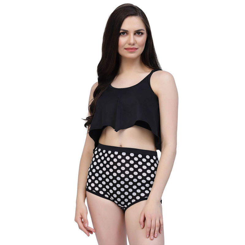 Cukoo Padded White Polka Dot Two Piece Tankini Swimwear (Set of 2) (S)