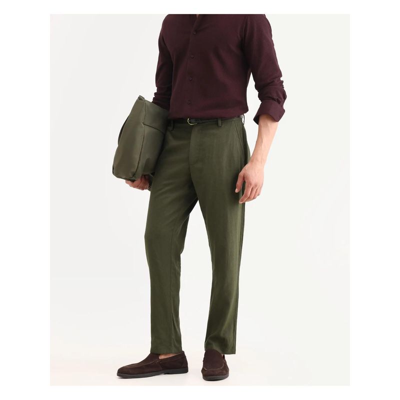 Rare Rabbit Mens Jomo Olive Linen Blend Fabric Plain Trouser (28)