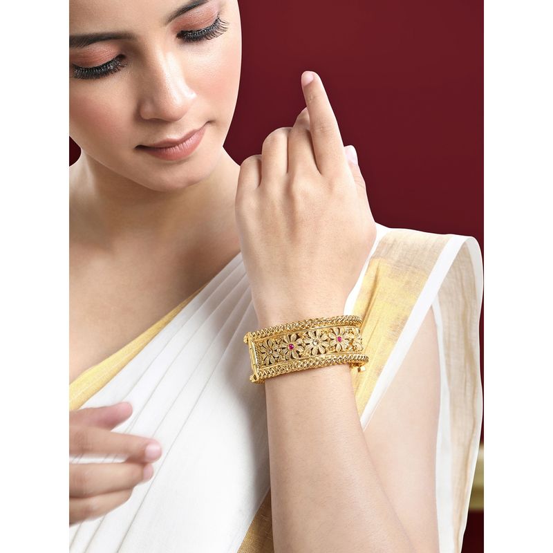 Peora Gold Plated Single Piece Synthetic Stone Studded Openable Bangle for Women (2.4)