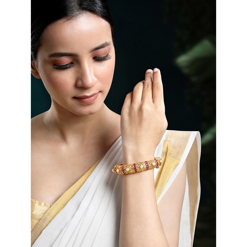 Peora Gold Plated Stone and Pearl Studded Openable Bangle for Women (2.6)