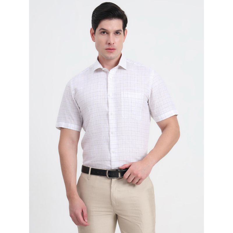 JadeBlue Men White Linen Checks Regular Fit Formal Shirt (42)