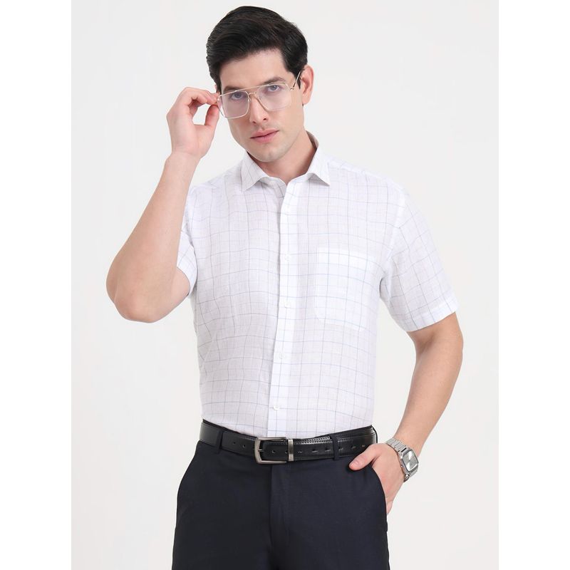JadeBlue Men White Linen Checks Regular Fit Formal Shirt (38)