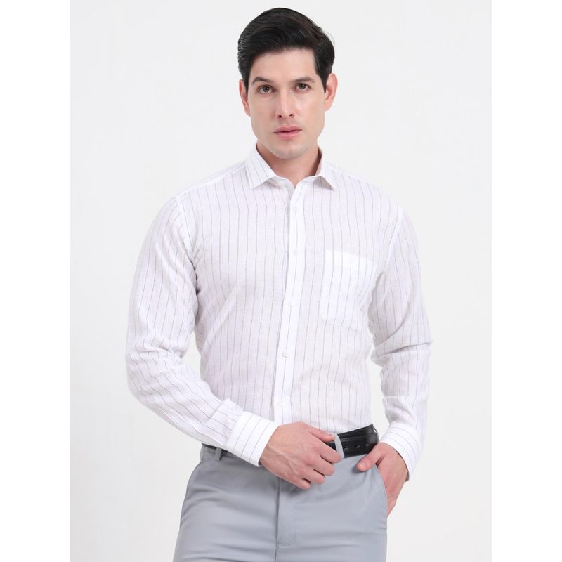 JadeBlue Men White Linen Stripes Regular Fit Formal Shirt (44)