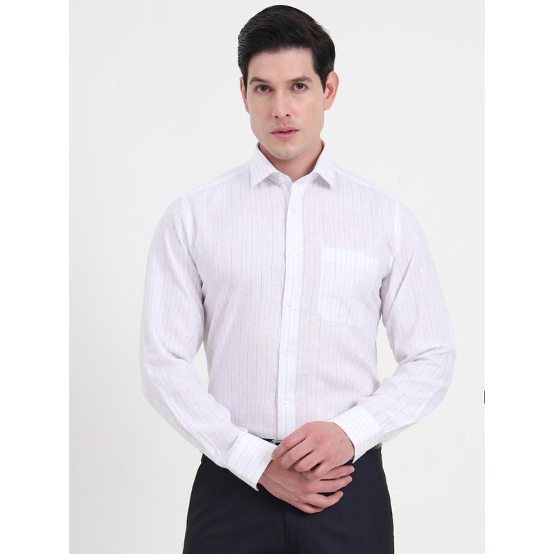 JadeBlue Men White Linen Stripes Regular Fit Formal Shirt (40)