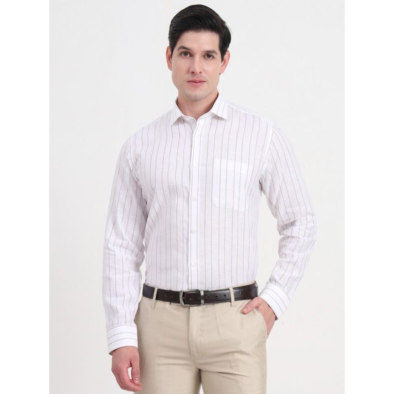 JadeBlue Men White Linen Stripes Regular Fit Formal Shirt (39)