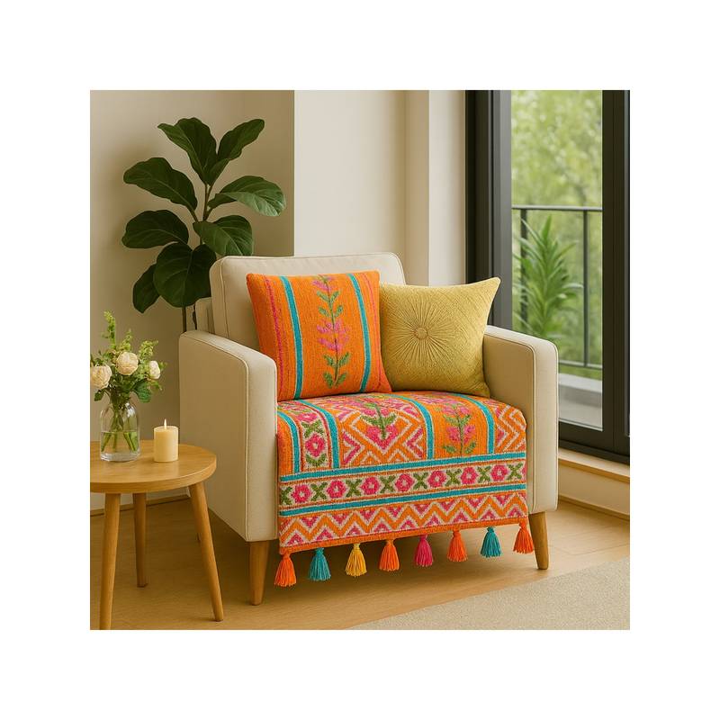 THROW PILLOW Sunburst Printed With Multicolour Tassels Sofa Cover (1 Seater)