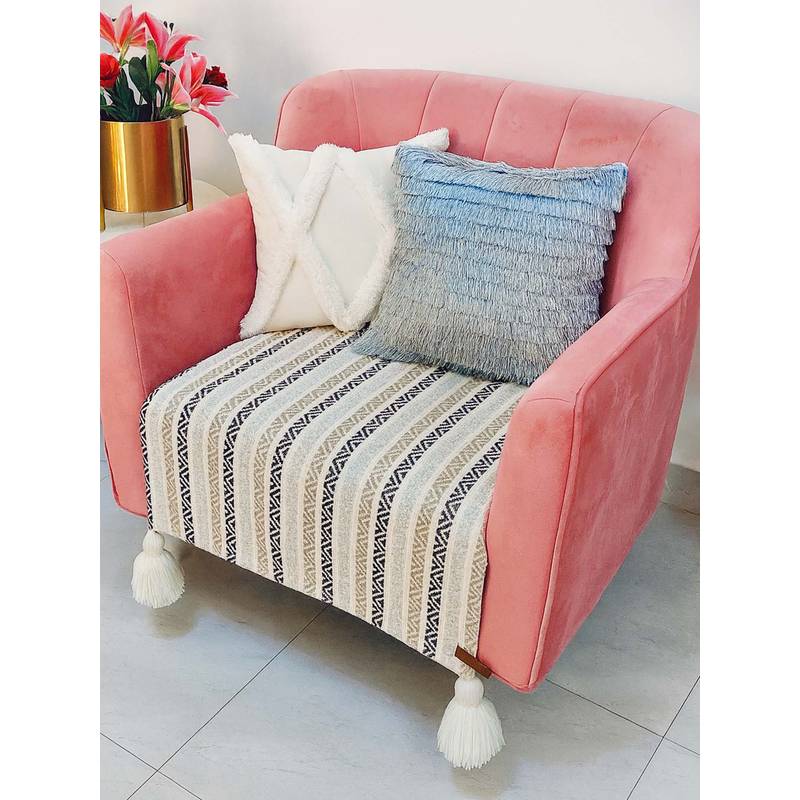 THROW PILLOW Neutral Herringbone With White Corner Tassel Sofa Cover (1 Seater)