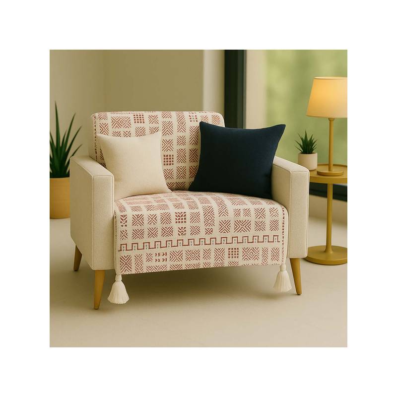 THROW PILLOW White Maroon Tribal With White Corner Tassel Sofa Cover (1 Seater)