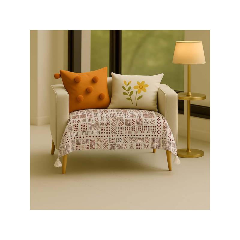 THROW PILLOW White Maroon Tribal With White Corner Tassels Sofa Cover (1 Seater)