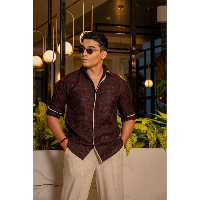 JAVINISHKA The Detail Series - Men Designer Detailing Wine Shirt (S)