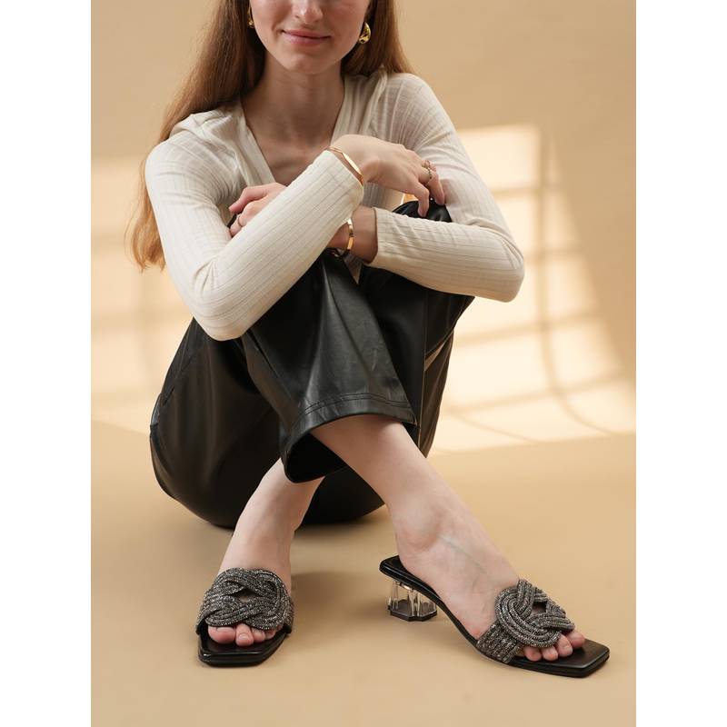 Drop Bold Black Embellished Square Toe Block Heels (EURO 36)