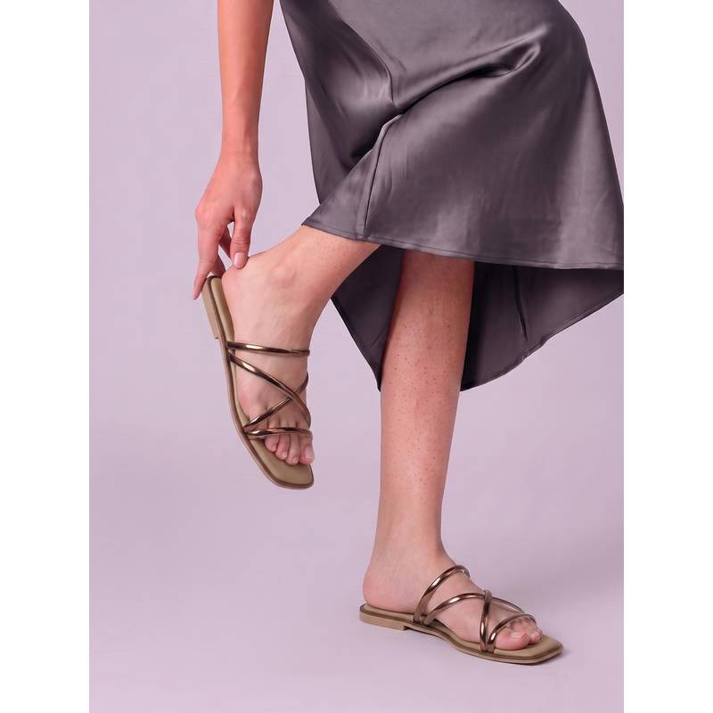 CHINRAAG Women Multi-Strap Square Toe Flats - Brown (UK 7)