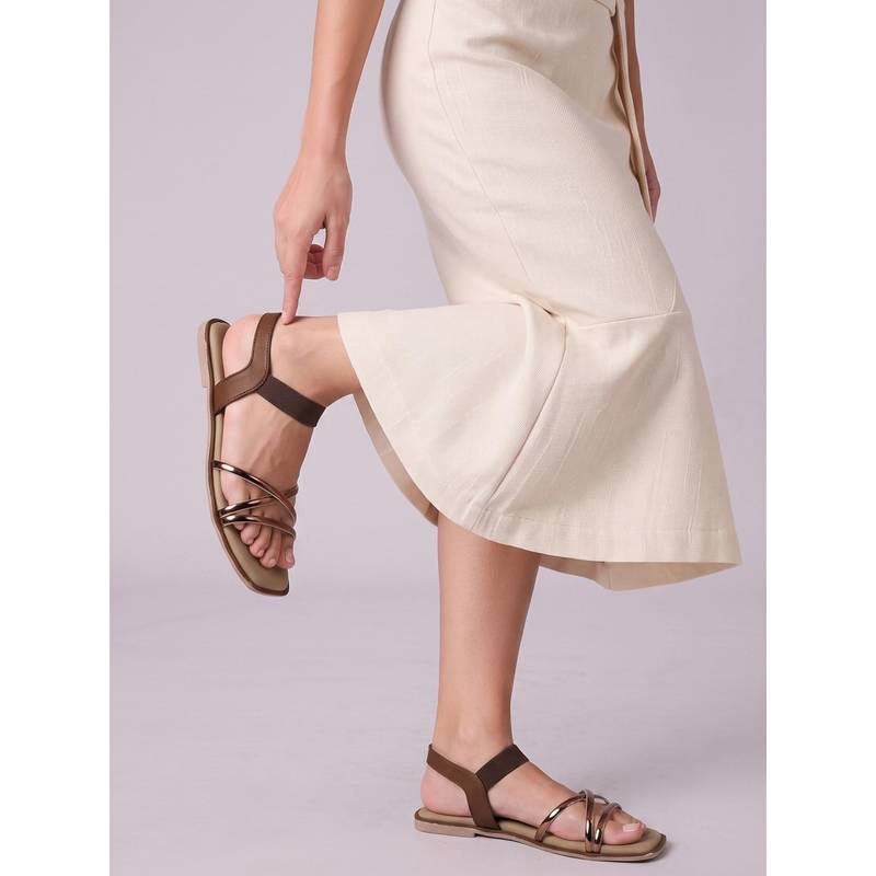 CHINRAAG Women Multi-Strap Square Toe Sandals - Brown (UK 4)