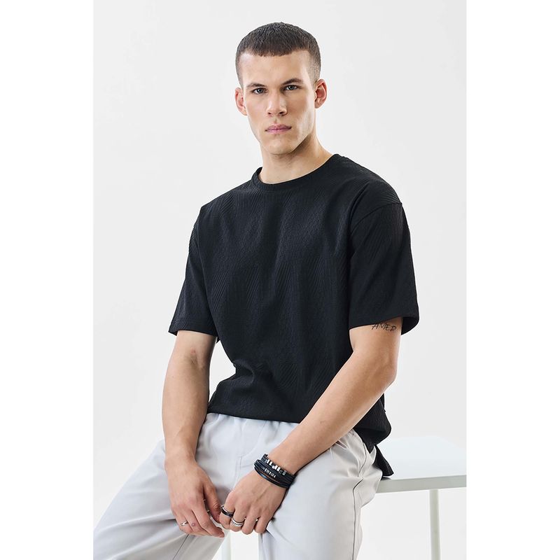Snitch Black Textured Half Sleeves Oversized Casual T-Shirt for Men (S)