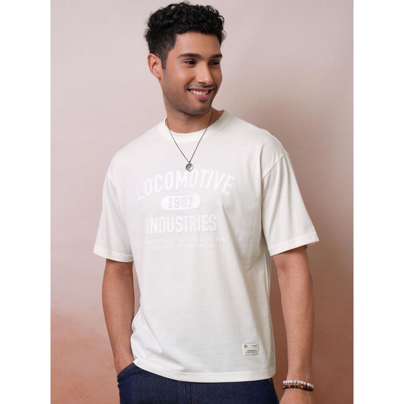 LOCOMOTIVE Premium Off White Drop Shoulder Sleeves Relaxed T- Shirt (M)