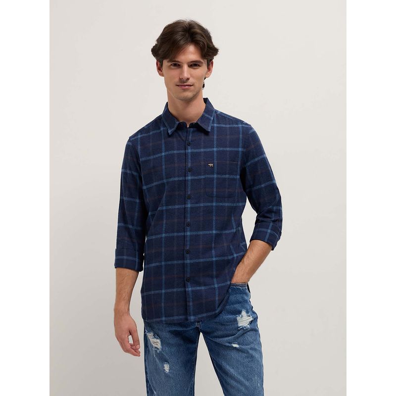 THE BEAR HOUSE Mens Blue Slim Fit Window Check Casual Flannel Shirt (L)
