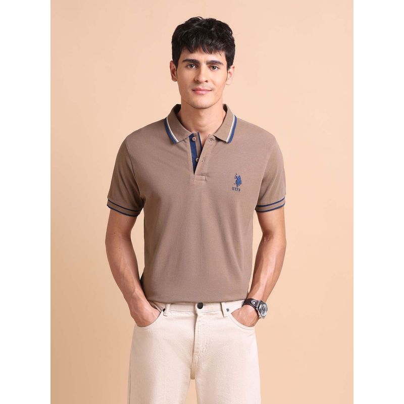 U.S. POLO ASSN. Brown Mens Pure Cotton Slim Fit Polo T-Shirt (L)