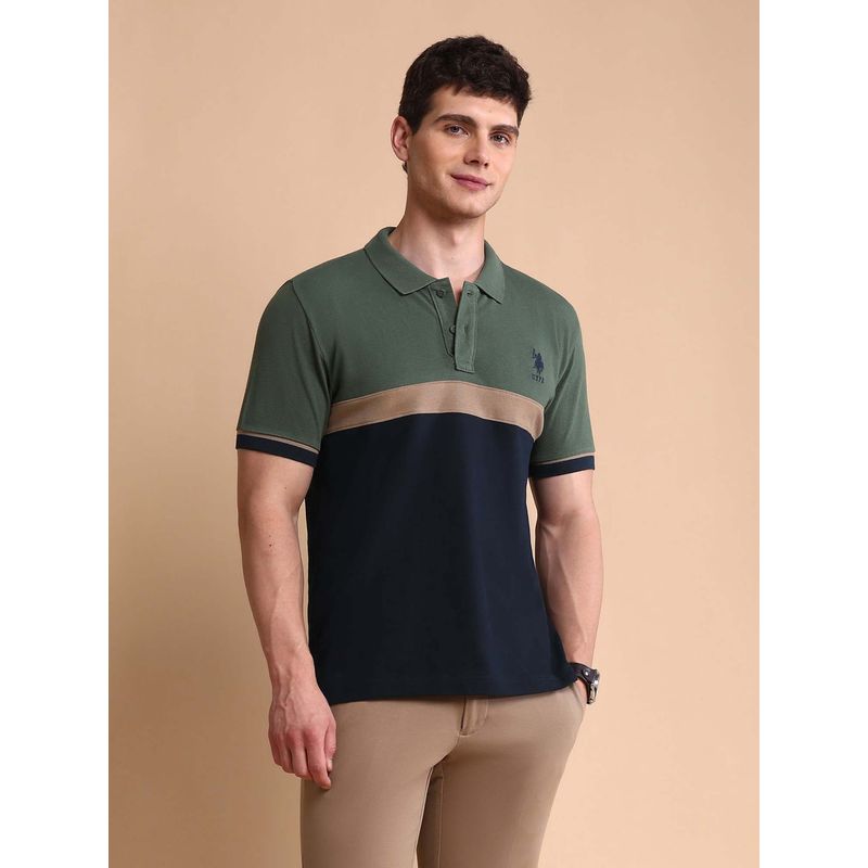 U.S. POLO ASSN. Green Mens Colourblocked Slim Fit Polo T-Shirt (2XL)