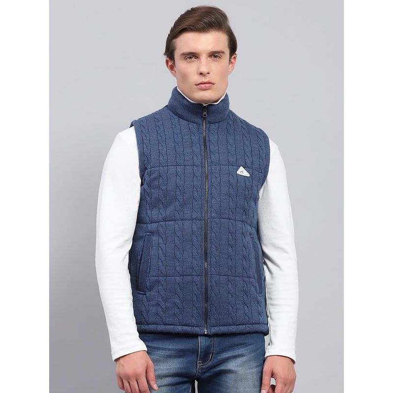 Monte Carlo Mens Blue Self Design High Neck Sleeveless Jacket (XL)