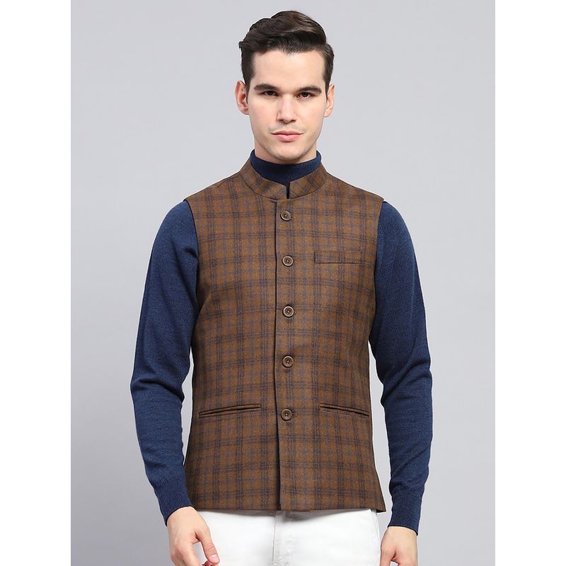 Monte Carlo Mens Brown Checkered Band Neck Sleeveless Waist Coat (M)