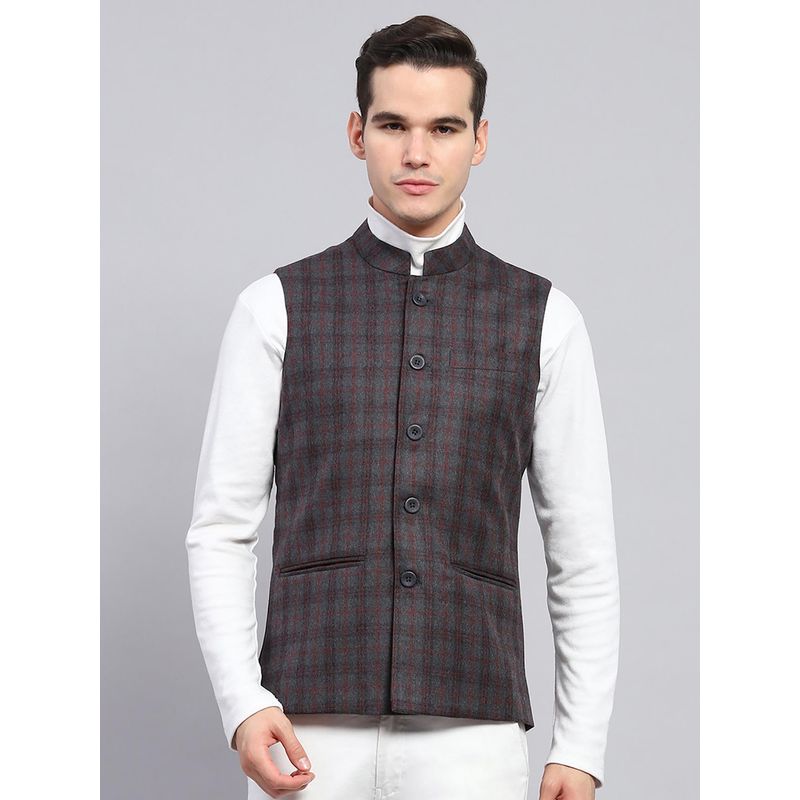 Monte Carlo Mens Dark Grey Checkered Band Neck Sleeveless Waist Coat (XL)