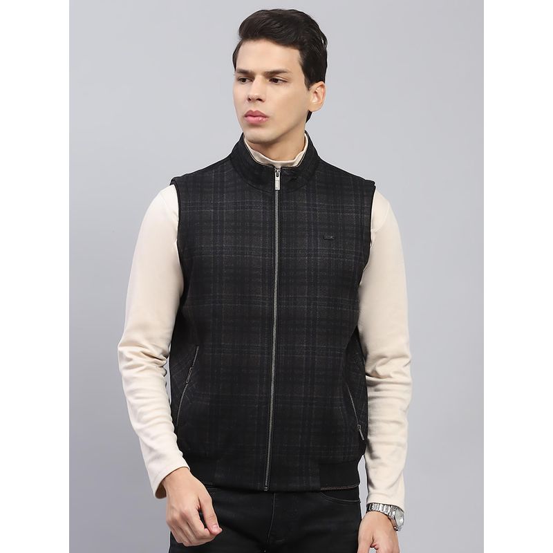 Monte Carlo Mens Navy Blue Checkered High Neck Sleeveless Waist Coat (L)