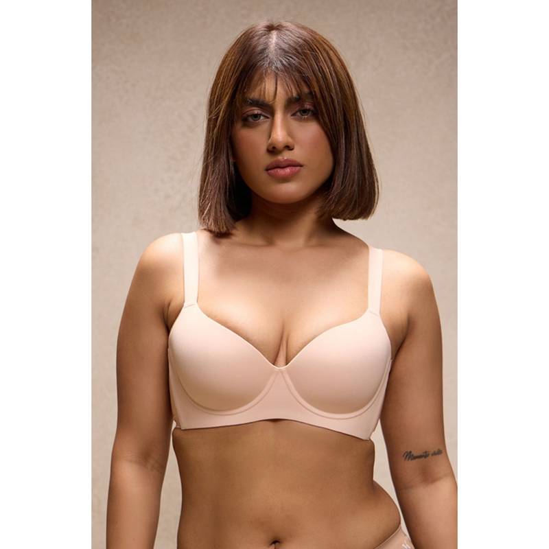 Krvvy Women Beige Padded Seamless Comfortable Fit Medium Coverage T-Shirt Bra (L)