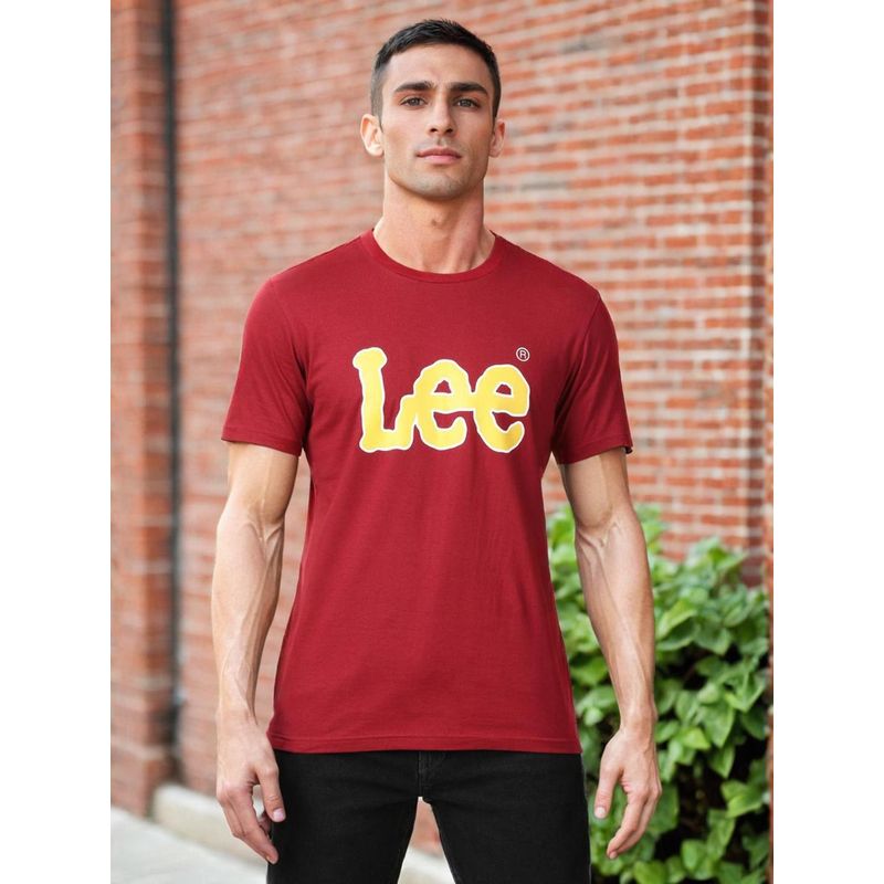 Lee Men Printed Red Crew Neck T-Shirt (Slim) (S)
