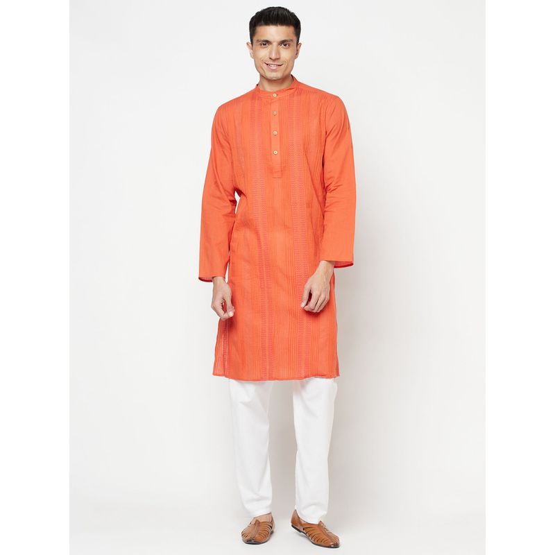 Men'S Orange Printed Cotton Kurta Only