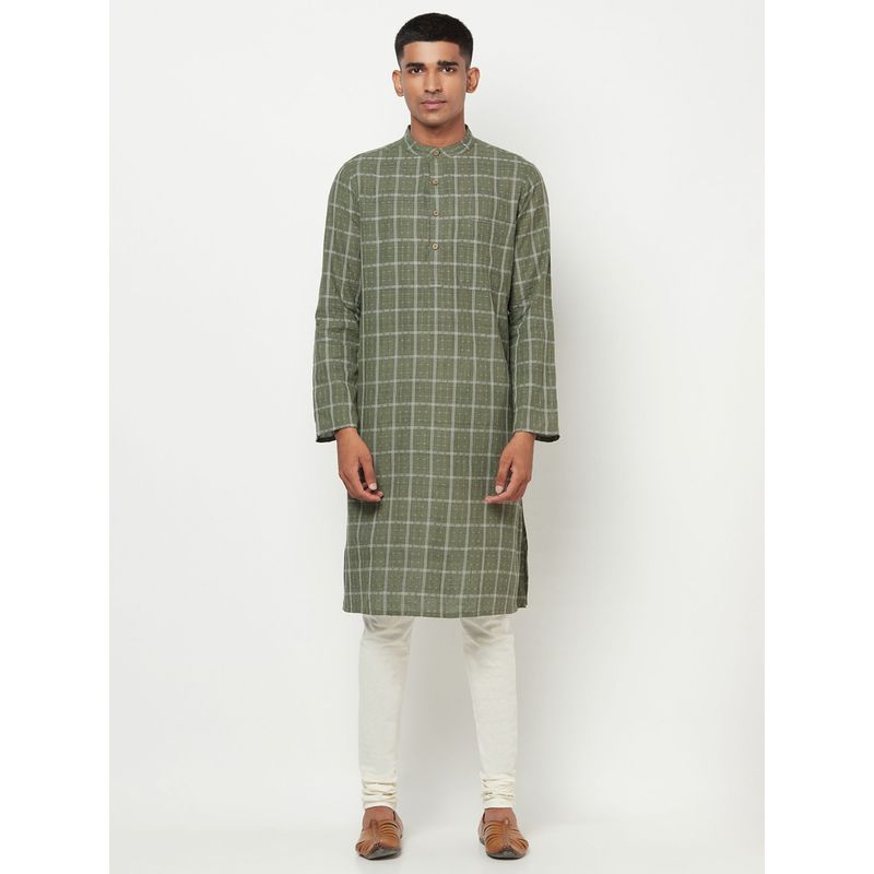 Fabindia Cotton Olive Checked Men Kurta (XS)