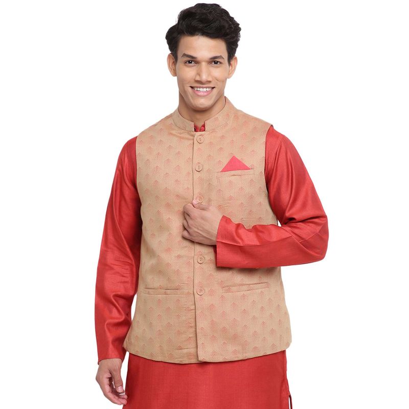 Fabindia Linen Blend Gold Mandarin Collar Nehru Jacket (XS)