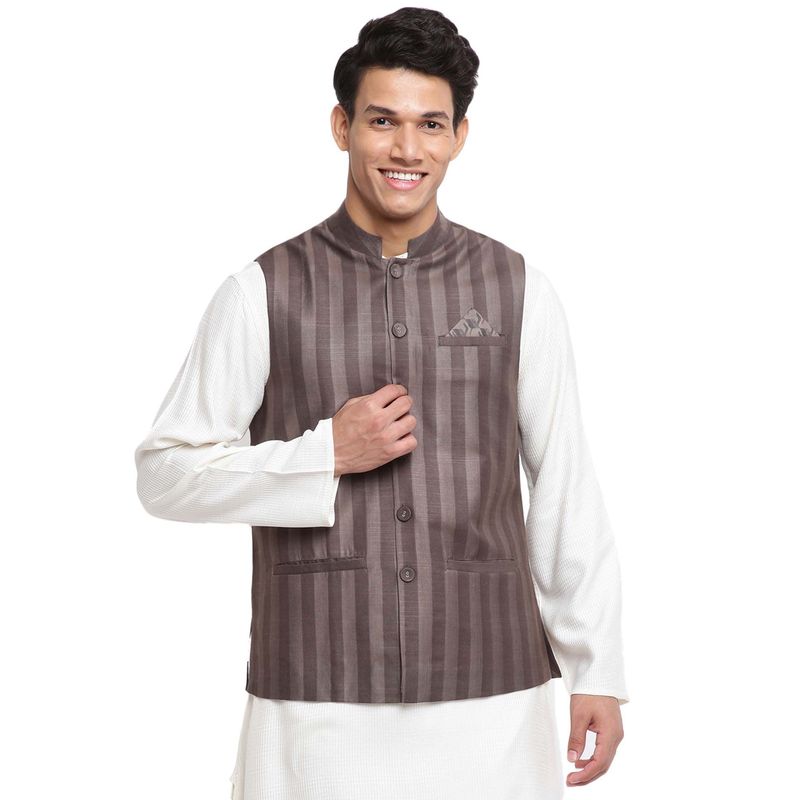 Fabindia Viscose Blend Grey Mandarin Collar Nehru Jacket (XS)