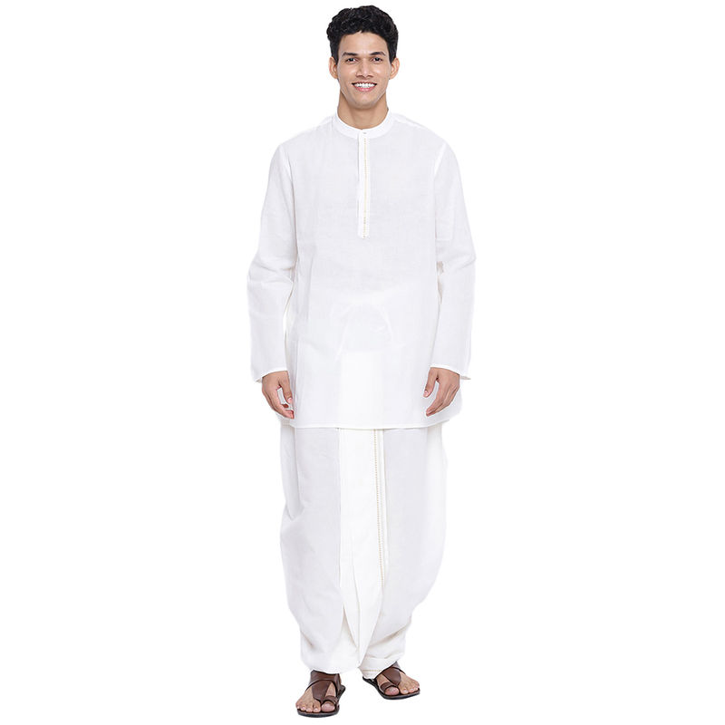 Fabindia White Cotton Blend Woven Short Kurta (Set of 2) (2XL)