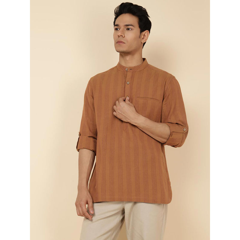 Fabindia Brown Cotton Striped Slim Fit Mid Short Kurta (L)