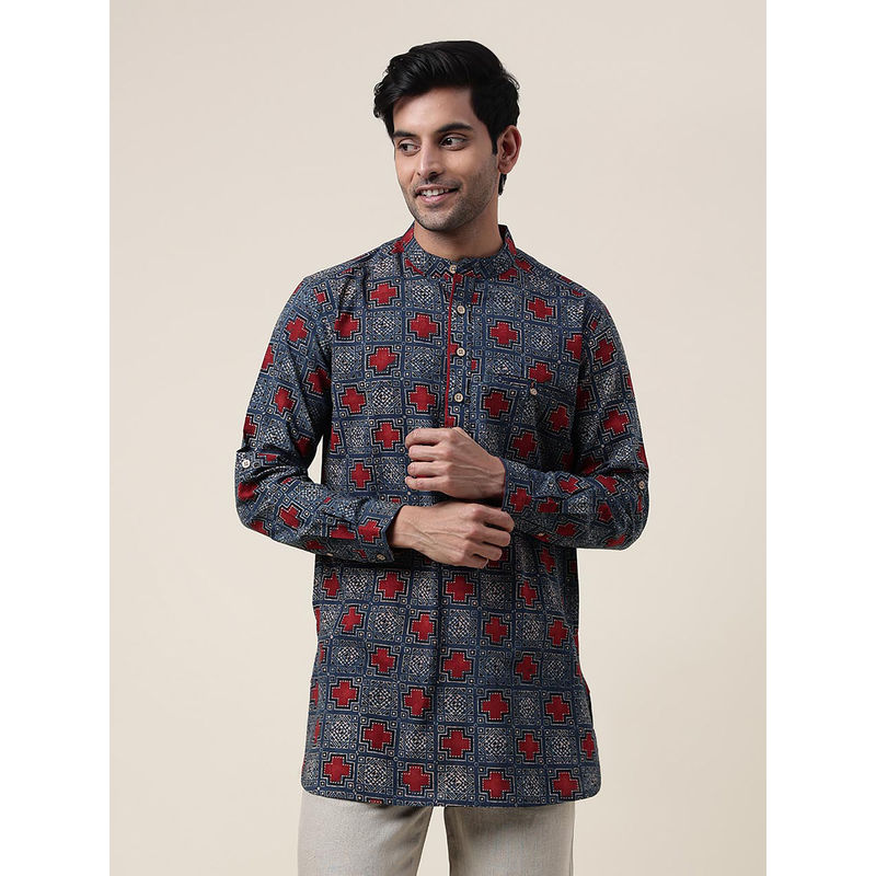 Fabindia Blue Cotton Printed Slim Fit Short Kurta (XS)