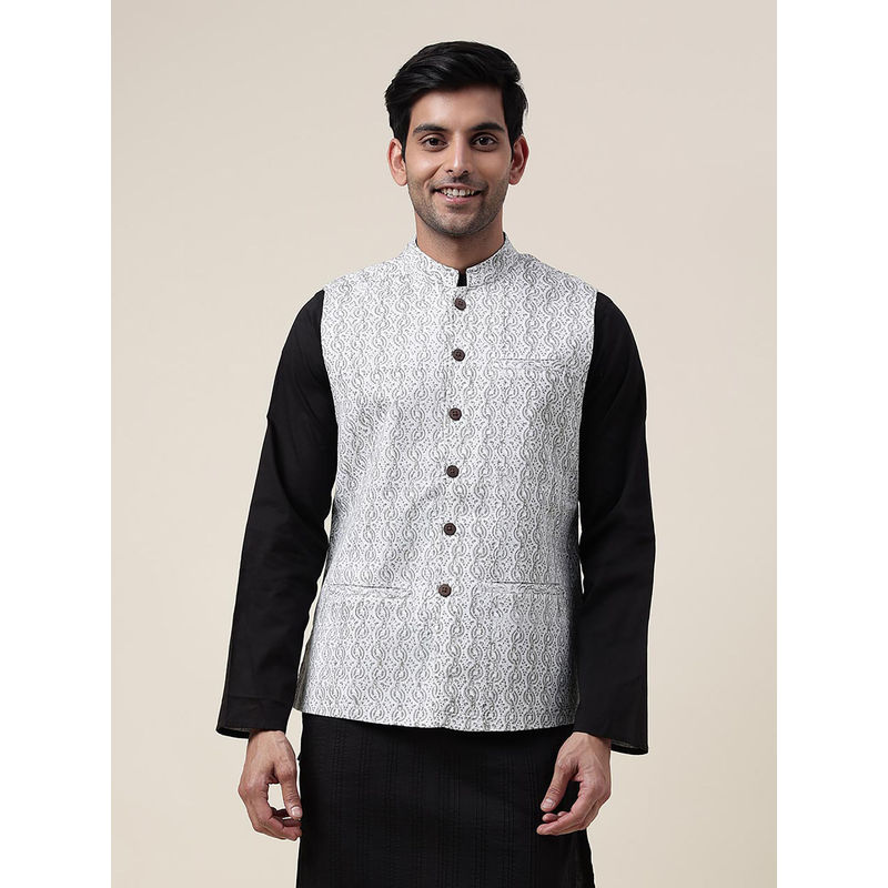 Fabindia White Cotton Printed Nehru Jacket (XS)