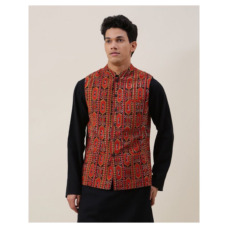 Fabindia Red Cotton Printed Nehru Jacket (XS)