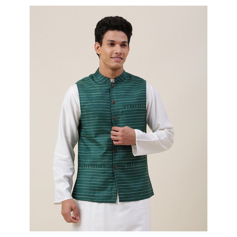 Fabindia Green Viscose Blend Striped Nehru Jacket (XS)