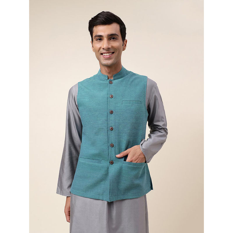 Fabindia Blue Cotton Hand Woven Nehru Jacket (XS)