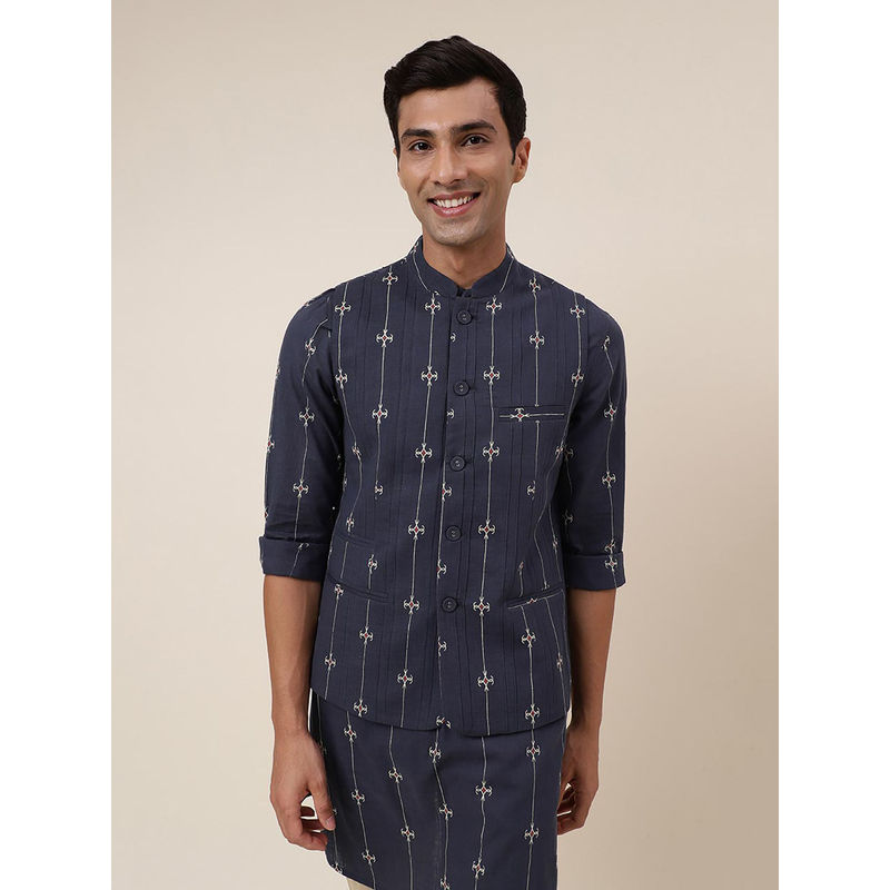 Fabindia Blue Cotton Printed Nehru Jacket (S)