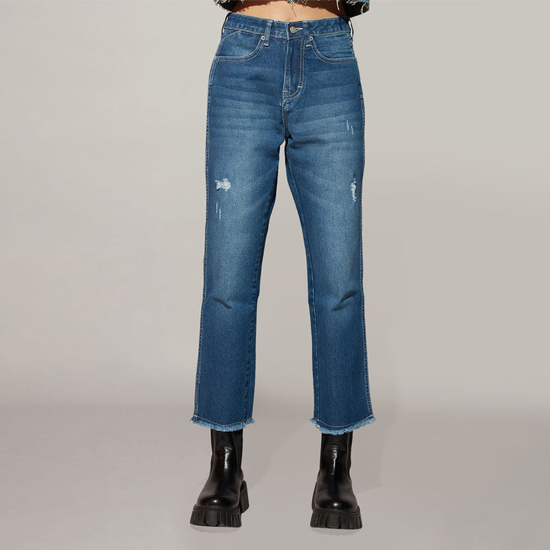 Twenty Dresses by Nykaa Fashion Blue High Waist Frayed Hem Full Length Denims (30)