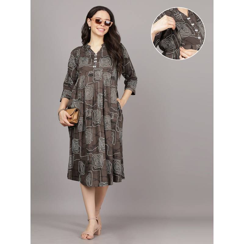 Mamma's Maternity Brown V Neck Rayon Geometric Printed Maternity Short Dress (M)